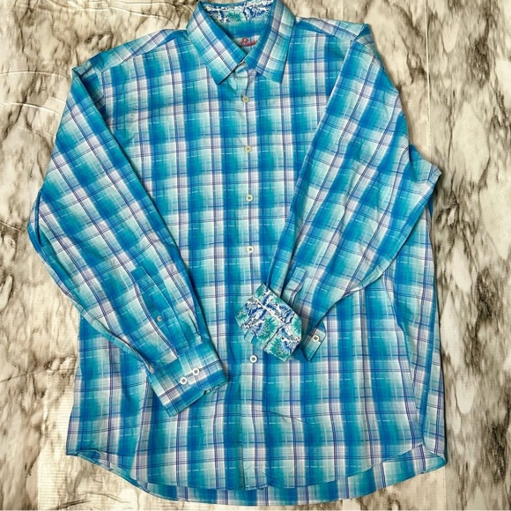 Alan Flusser Turquoise Blue Checkered Shirt Floral Print Cuffs Crisp Cotton Sz L